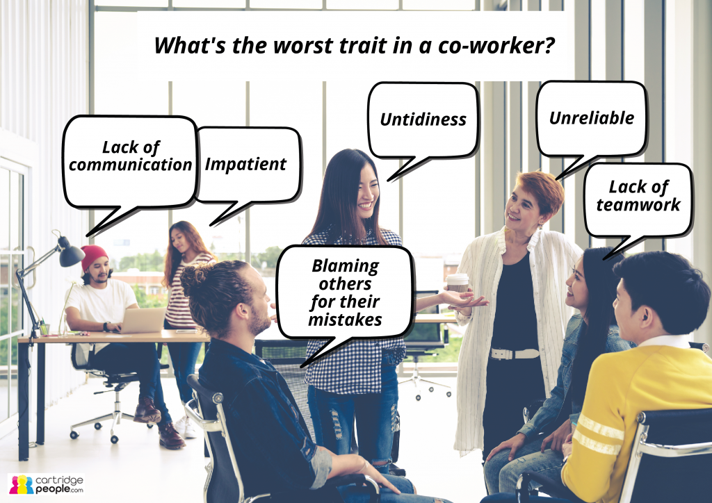 Bad Traits Office Worker colleagues discussing the worst trait in a co-worker- untidiness, unreliable, impatient