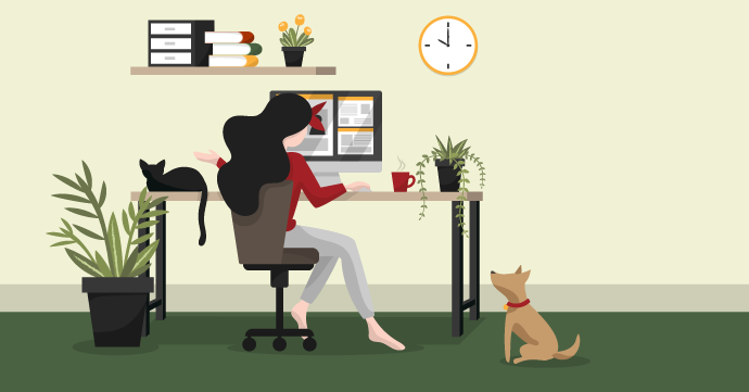 Illustration of a home office worker sat at a desk.