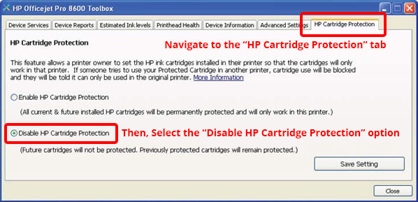 Settings Offline Disable HP Cartridge Protection.