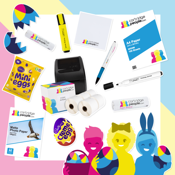 an image to illustrate a grand prize of a cartridge people office bundle which includes 20 cadburys creme eggs 8 bags of mini eggs paper and photo paper highlighter pen marker pen and batteries and a label printer bundle