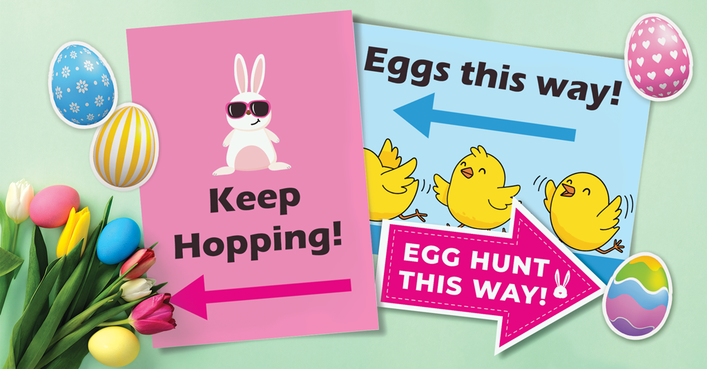 easter egg hunt signs blue and pink