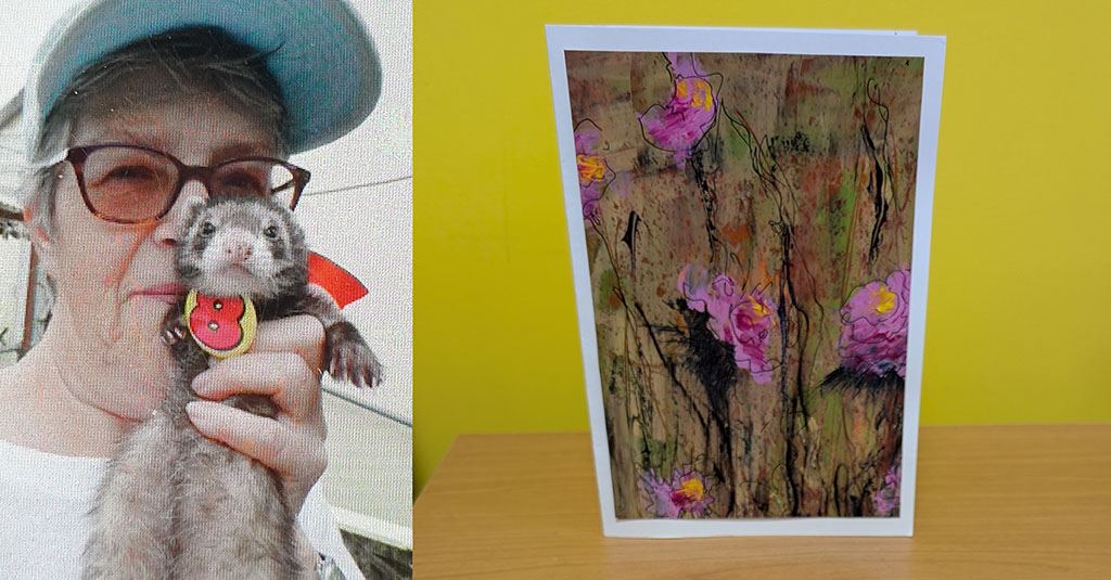 On the left: Linda King (artist). On the right: Linda King's artwork.